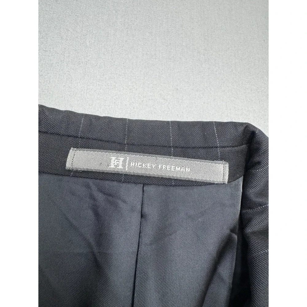 Vintage Hickey Freeman Black Wool Suit Blazer Mens‎ 46L Sport Coat Pinstripe 90s